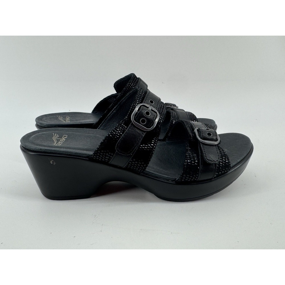 Dansko Sandals Womens 39 Jessie 2-Strap Slip On Buckle Wedge Slide Black Leather